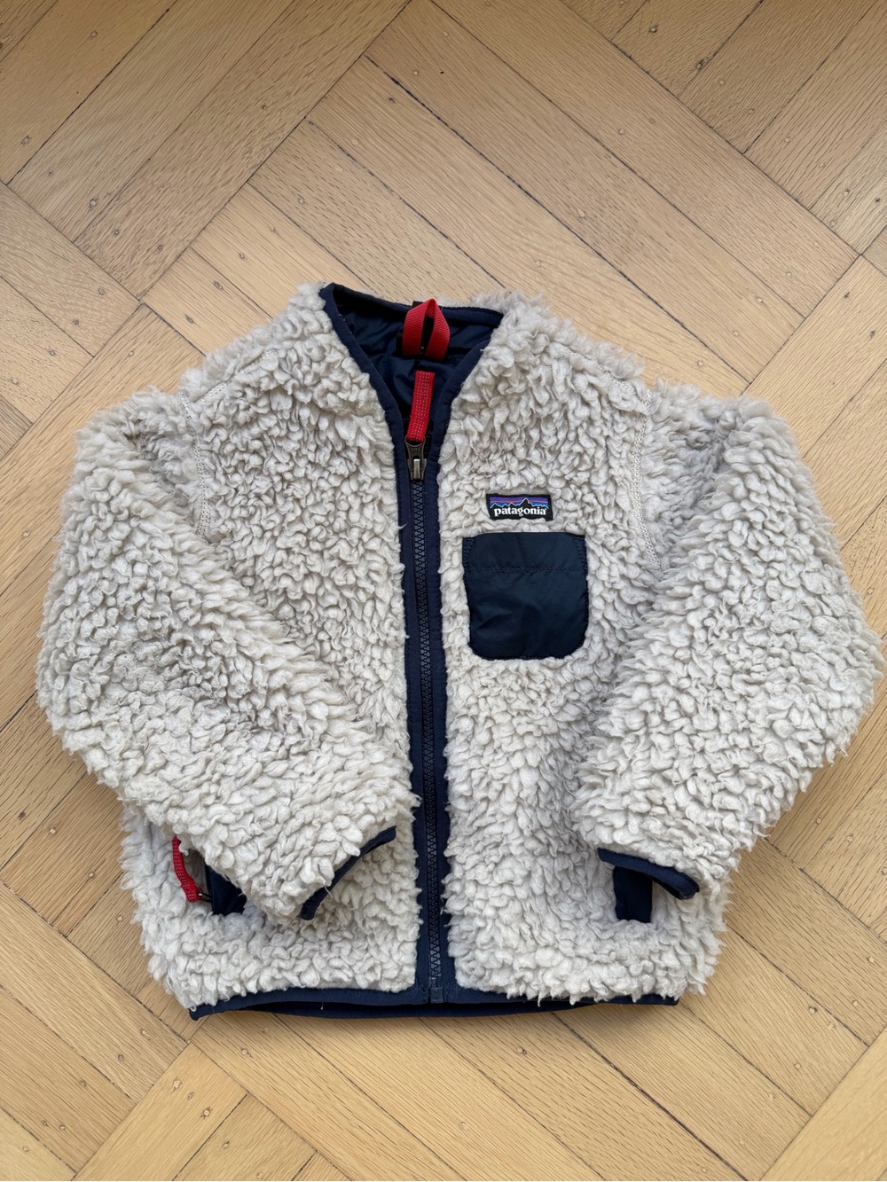 Patagonia Kids Cream Sherpa Jacket with Navy Accents, Size 2T